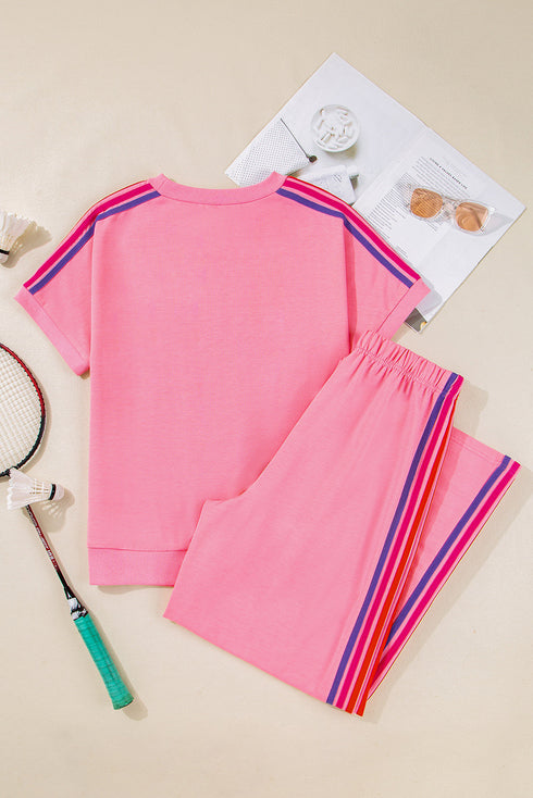 Urban Ease Contrast Trim Crewneck T Shirt And Wide Leg Pants Set